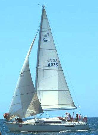 landscape yacht sailing past a green island