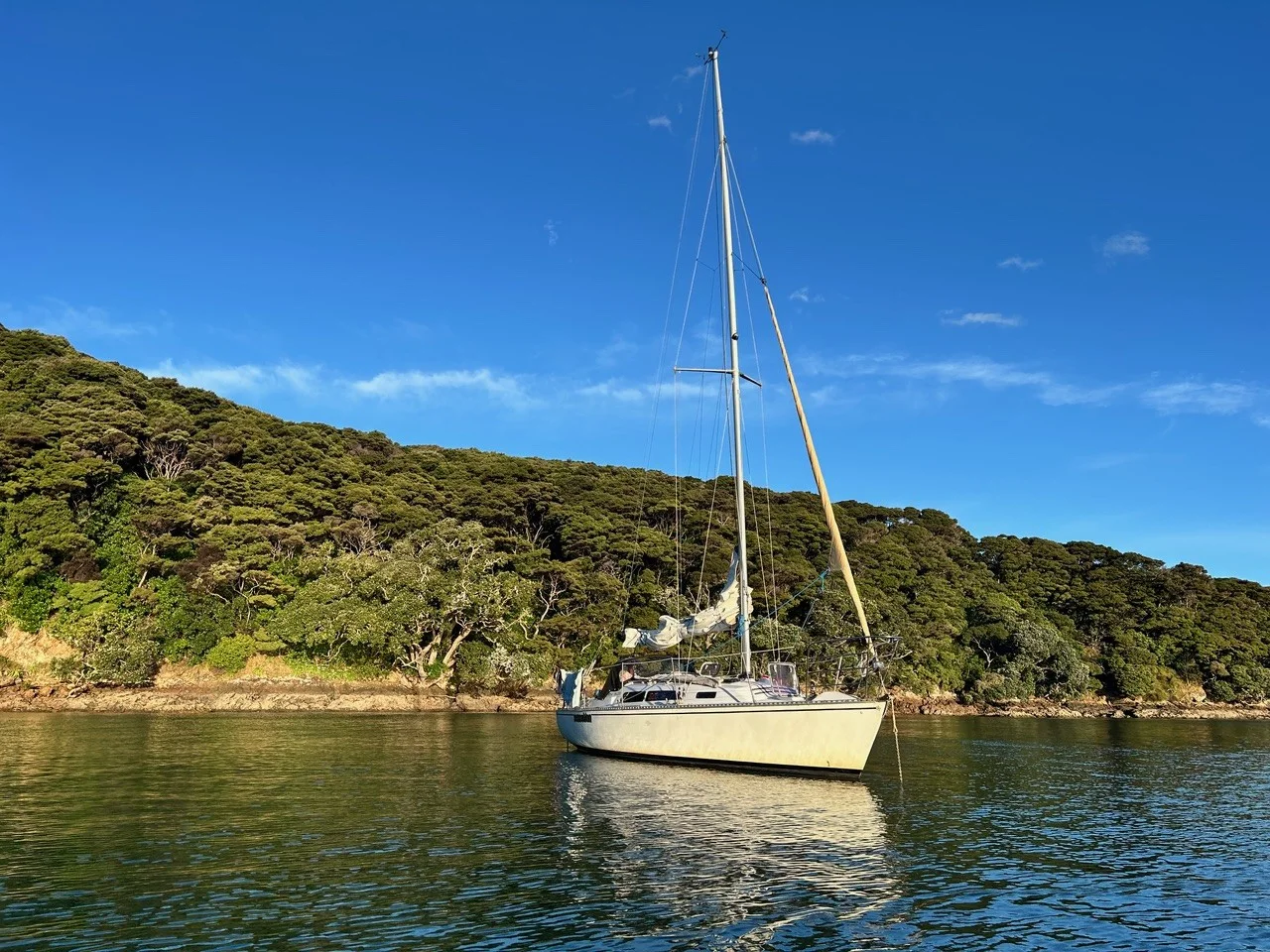 Sensation at anchor, with her complete mast and hull visible