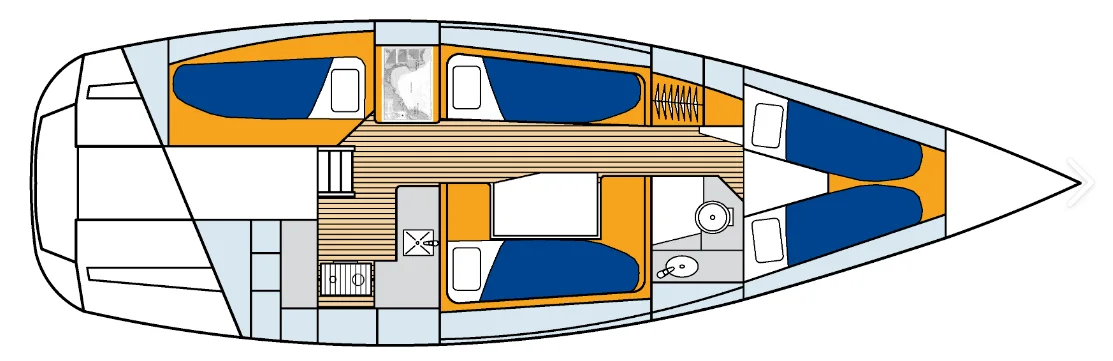 Farr 1020 plan showing forward berth, saloon, galley and quarter berths